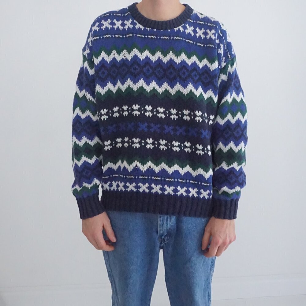 Vtg 90S Lake Harmony USA Blue Green Knit Eclectic Grandpa Crewneck Sweater XL